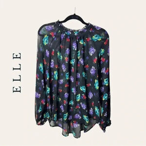 0411W. Elle SHEER LONG SLEEVE‎ TOP KEYHOLE IN FRONT FLORAL PATTERN BLACK SIZE XL